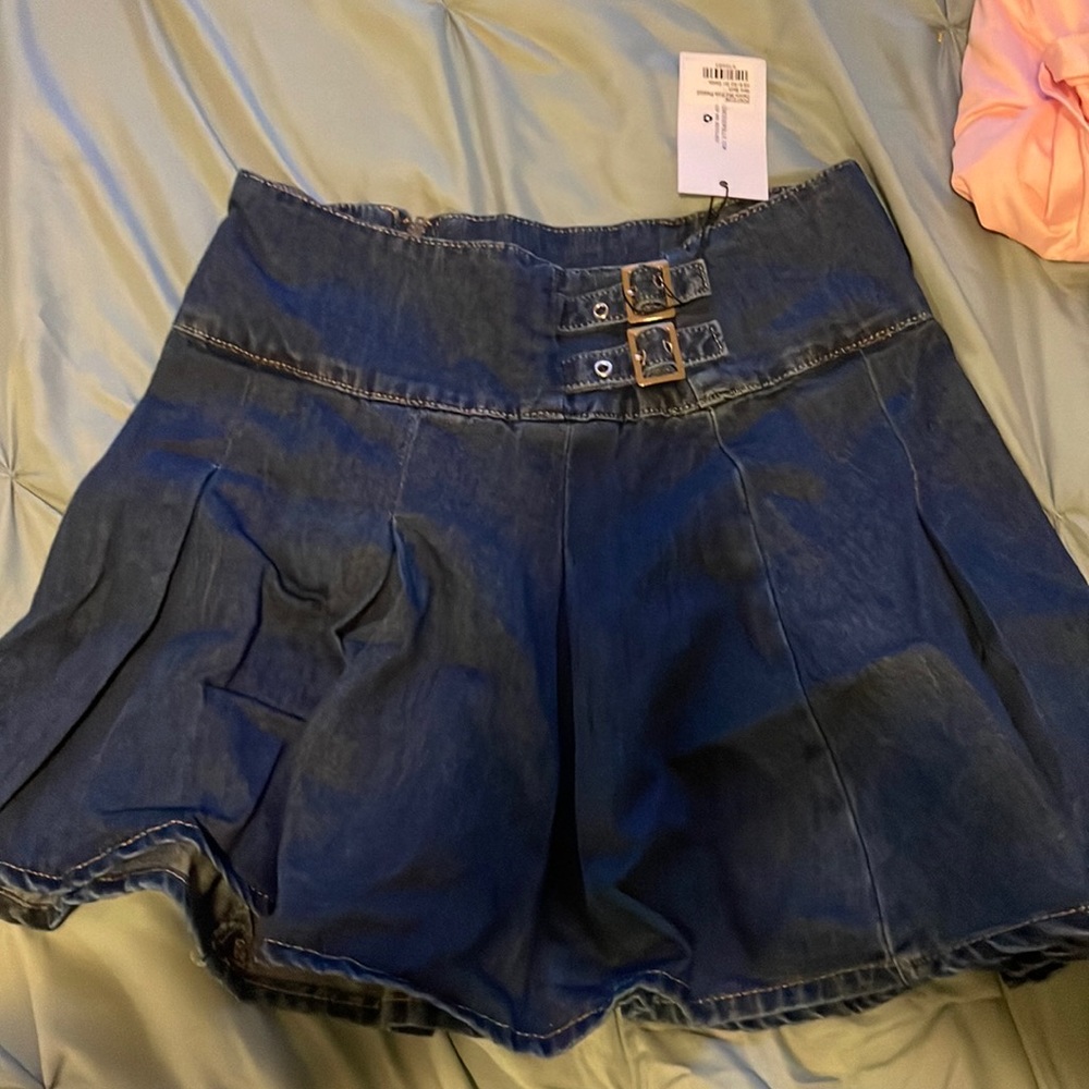 Denim Mid Rise Pleated Mini Skirt